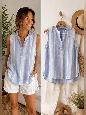 Eileen Tracy 100% Linen Sleeveless Tunic Top Blue White Stripe Size M Coastal